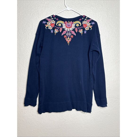Johnny Was Ioana Thermal Long Sleeve Top Embroidered Waffle Boho Navy Sz M - Picture 4 of 11